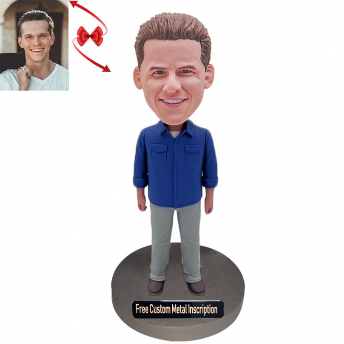 A Man in A Blue Shirt Custom Bobblehead with Free Metal Inscription