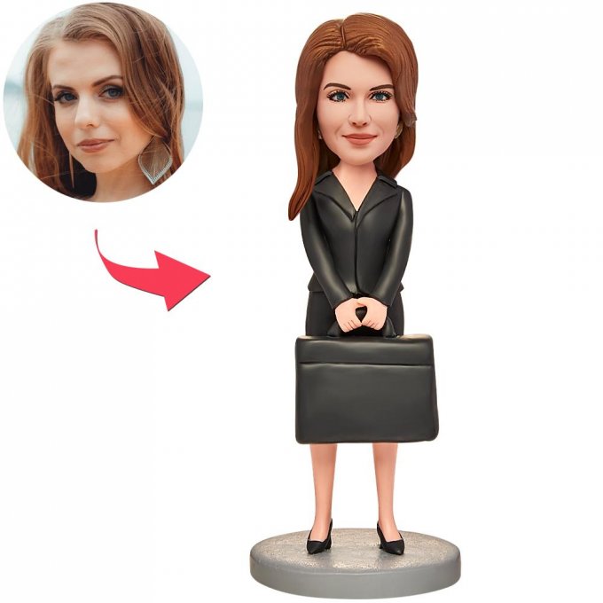 Black Suit Business Woman Custom Bobblehead With Engraved Text