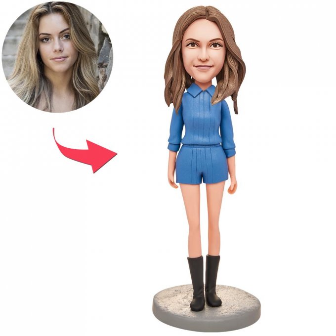 Blue Suit Casual Woman Custom Bobblehead With Engraved Text