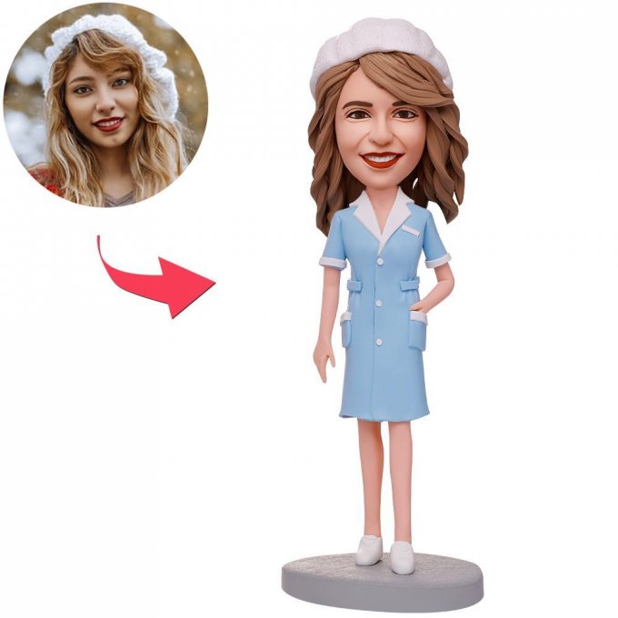 Blue Suit Female Nurse Custom Bobblehead With Engraved Text