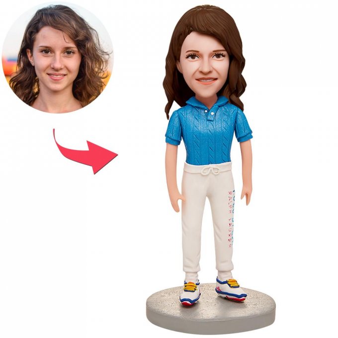 Blue T-shirt Woman Custom Bobblehead With Engraved Text