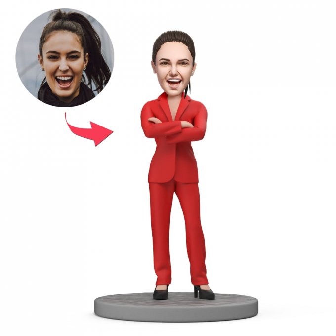 Boss's Day Gift Standing Custom Bobblehead Businesswoman in Red Suit