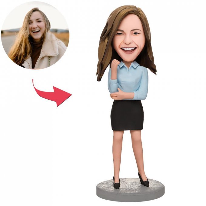 Business Female In A Blue Shirt Custom Bobblehead With Engraved Text