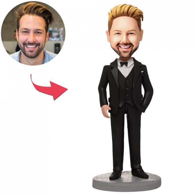 Business Male Wearing A Black Suit Custom Bobblehead With Engraved Text