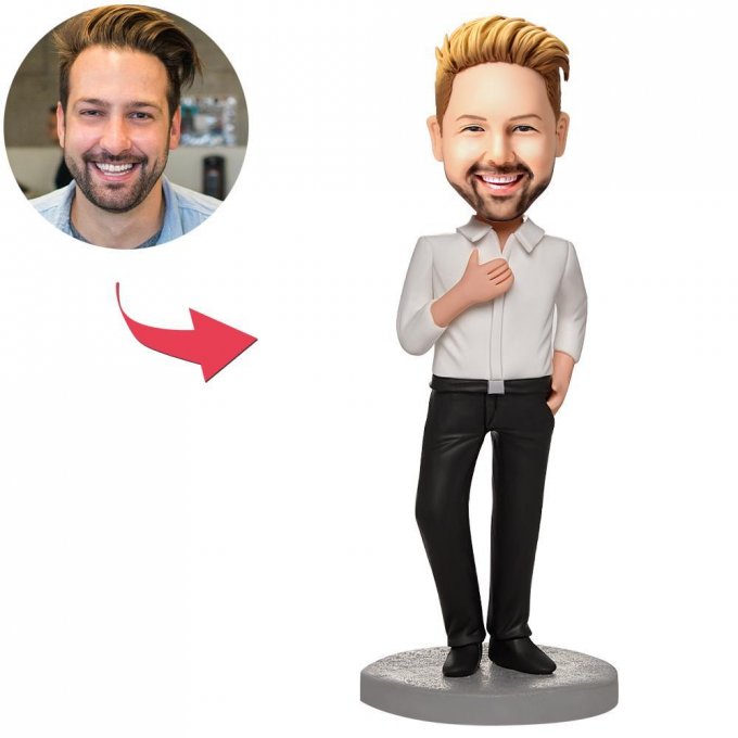 Business Male Wearing A White Shirt Custom Bobblehead With Engraved Text