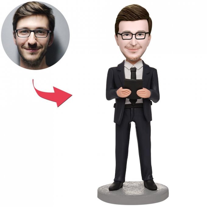 Business Man Holding A Notebook Custom Bobblehead With Engraved Text