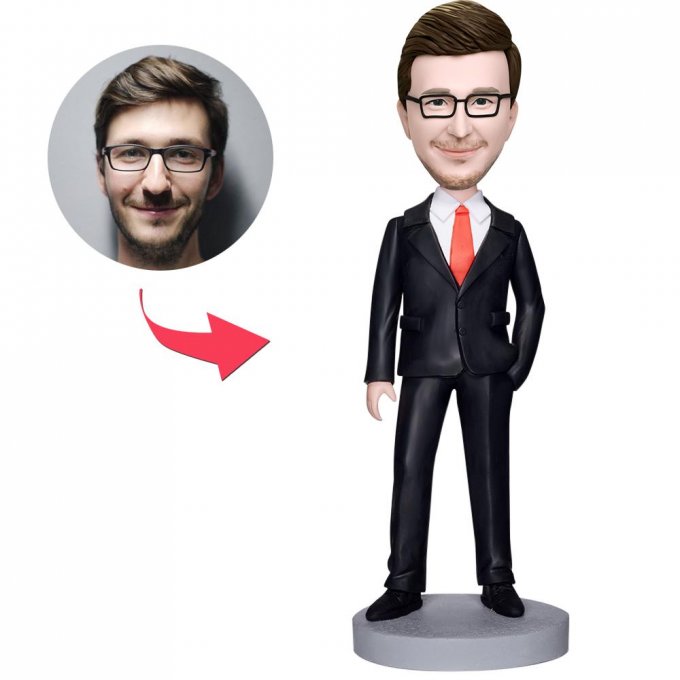 Business Man In Black Suit Custom Bobblehead With Engraved Text