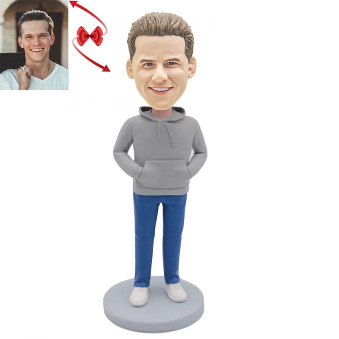 Casual Grey Hoodie Male Custom Bobblehead