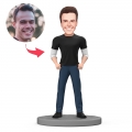 Casual Man Wearing Black Shirt and Jeans Custom Bobblehead with Engraved Text for Dad