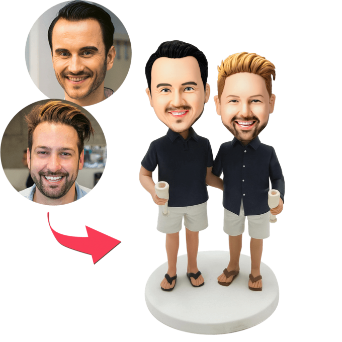 Casual Same-sex Male Couple Custom Bobblehead With Engraved Text