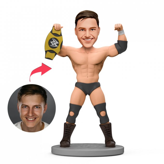 Champion Wrestler with Gold Belt Custom Bobblehead Engraved with Text