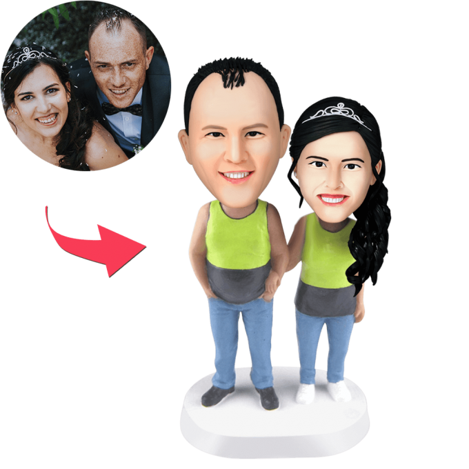 Couple Wearing Tank Tops Custom Bobblehead With Engraved Text