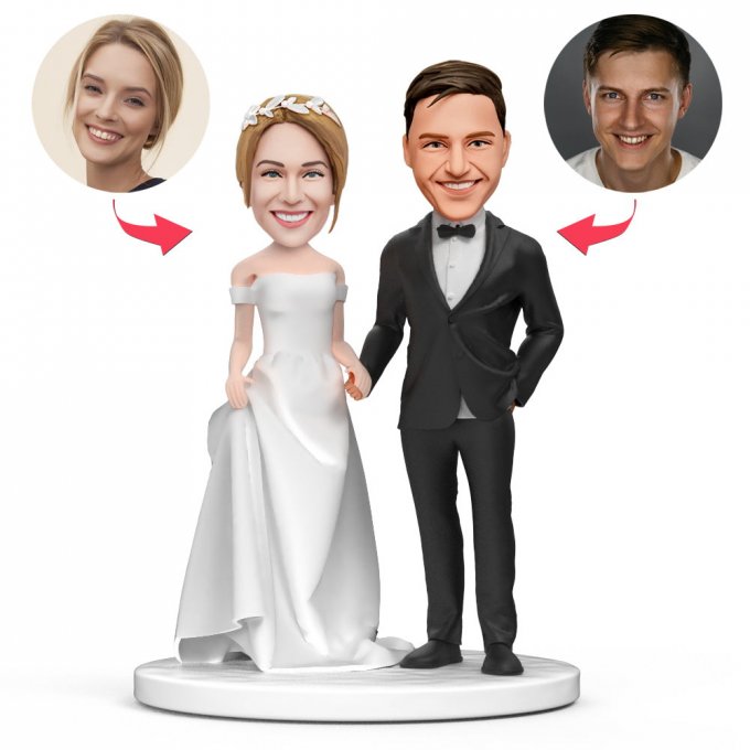 Couple Wedding White Wedding Dress Black Suit Custom Bobblehead Engraved with Text