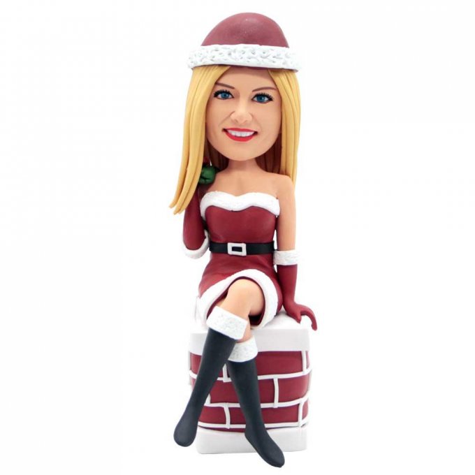 Custom Beautiful Female Christmas Bobbleheads Sitting On Chimney