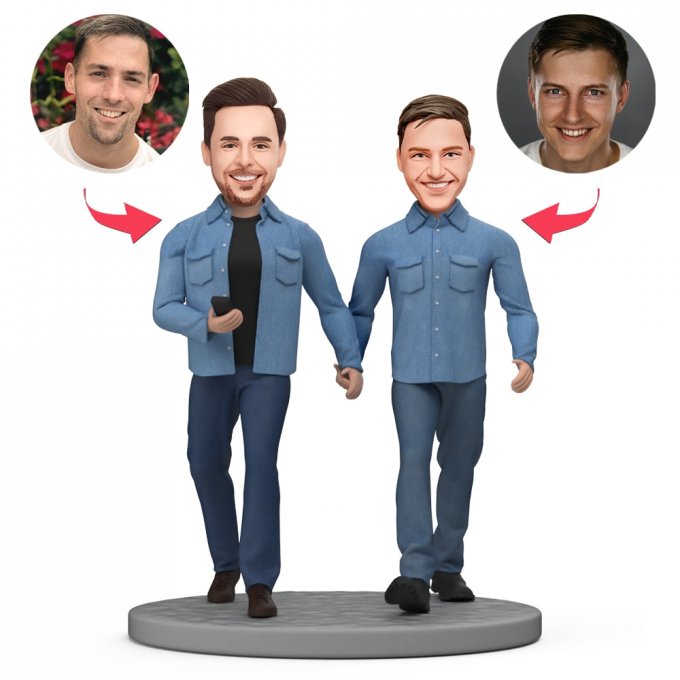 Custom Bobble Head Gay Couple Wearing Couple's Clothes and Holding Hands While Shopping