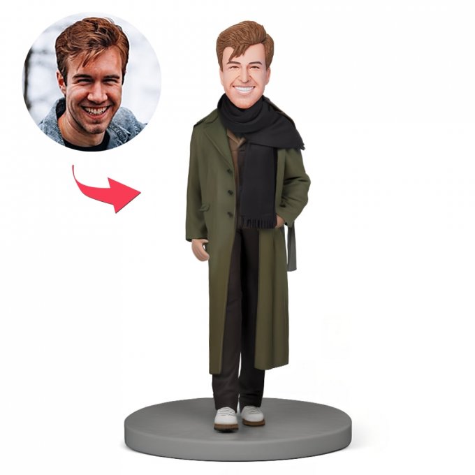 Custom Bobblehead Fashionable Man in Dark Green Coat With Black Scarf