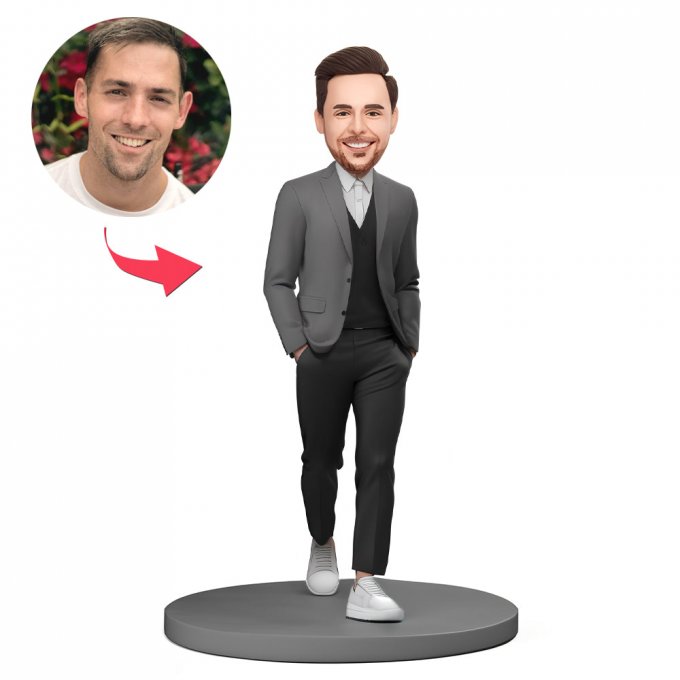 Custom Bobblehead Stylish Man in Gray Casual Suit