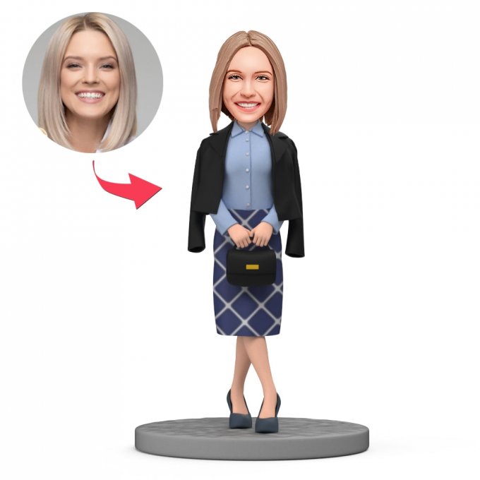 Custom Bobblehead Stylish Woman in A Black Coat With Bag