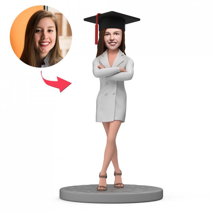 Custom Bobbleheads for Graduation Female in White Dress with Bachelor Cap