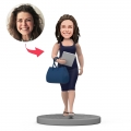 Custom Bobbleheads with Engraved Text Casual Female in Blue Dress