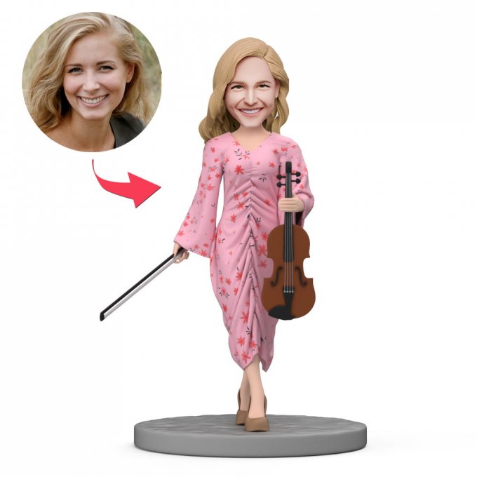 Custom Bobbleheads Woman Wear Pink Dress Hold Violin with Engraved Text for Mom