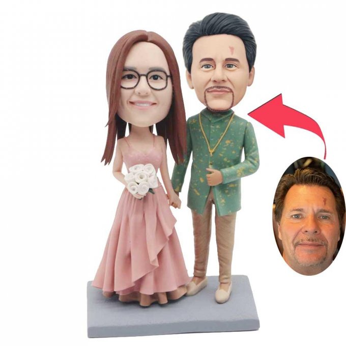 Custom Couple Bobbleheads In Retro Dressed Caker Topper