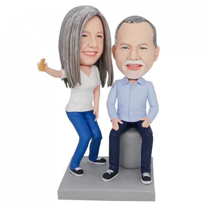 Custom Couple Bobbleheads Taking Photos With Phone