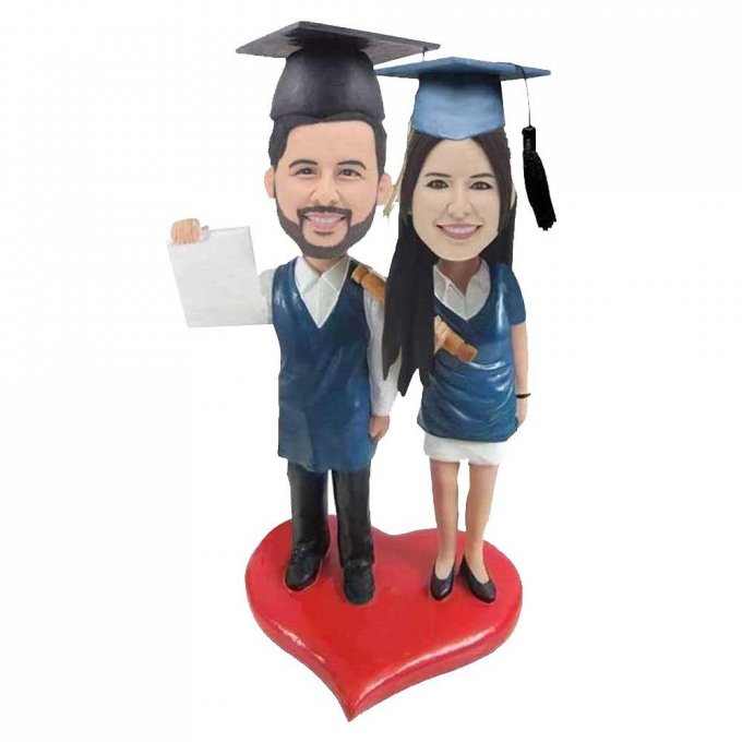 Custom Couple Graduation Bobbleheads In Dark Blue Gowns