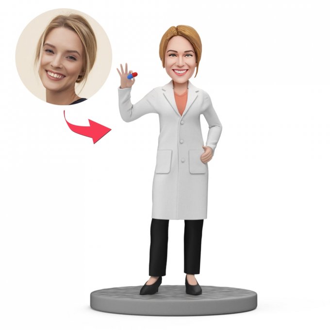 Custom Doctor Bobblehead Female Pharmacist Holding Pill Bobblehead