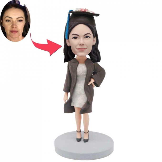 Custom Elegant Female Graduation Bobbleheads In Brown Coat And White Skirt