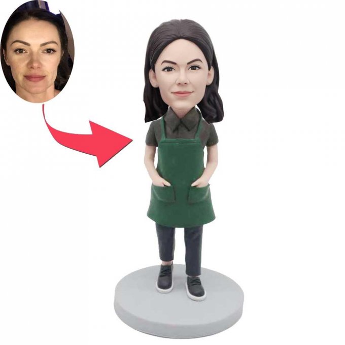 Custom Female Bobbleheads In A Dark Green Apron