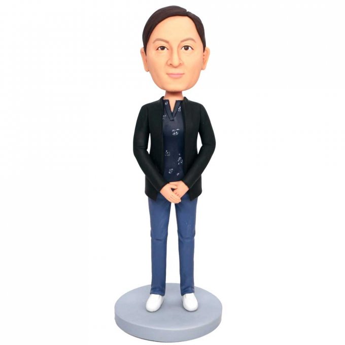 Custom Female Bobbleheads In Black Coat And Blue Jeans