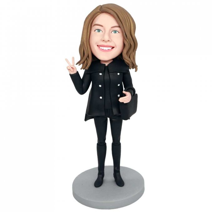 Custom Female Bobbleheads In Black Coat With A Bag