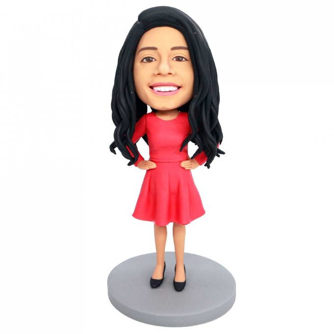 Custom Female Bobbleheads In Red Skirt And Hands On Hips