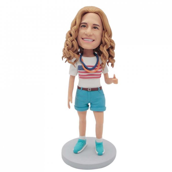 Custom Female Bobbleheads In T-shirt And Denim Shorts