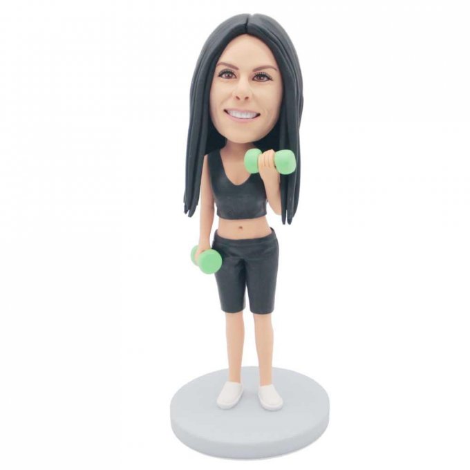 Custom Female Bodybuilder Bobbleheads In Black Workout Clothes With Dumbbell