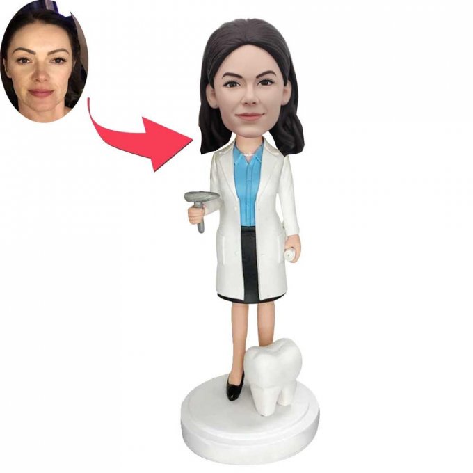 Custom Female Dentist Bobbleheads Holding Tools