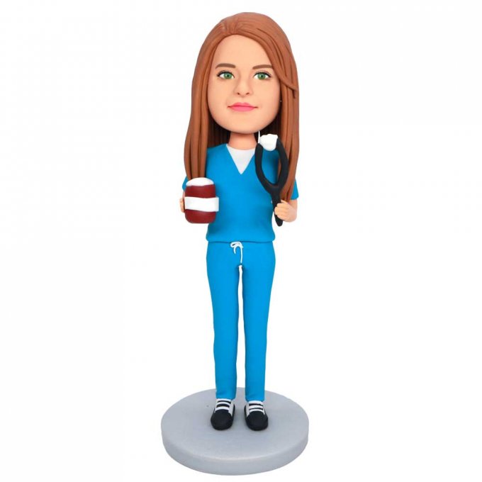 Custom Female Dentist Bobbleheads In Blue Uniform Holding Teeth