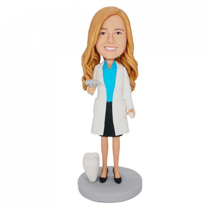 Custom Female Dentist Bobbleheads In White Coat With Tooth