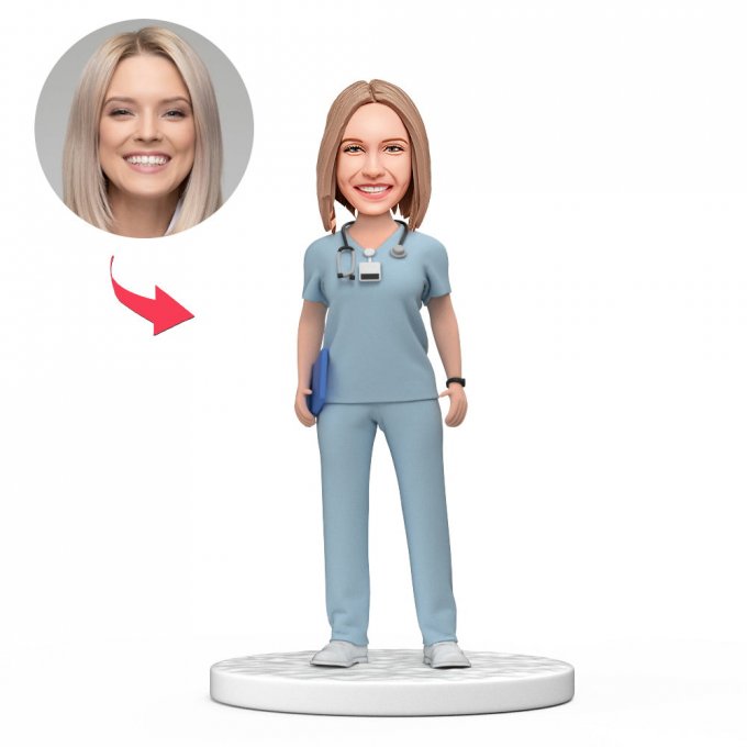 Custom Female Doctor Bobblehead in Light Blue Scrubs with Engraved Text National Doctor's Day Gift