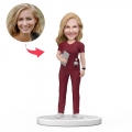 Custom Female Doctor Bobblehead in Red Holding a Tablet Scrubs with Engraved Text National Doctor's Day Gift