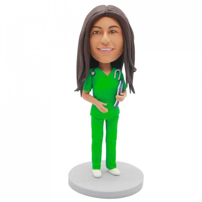 Custom Female Doctor Bobbleheads In Green Surgical Gown