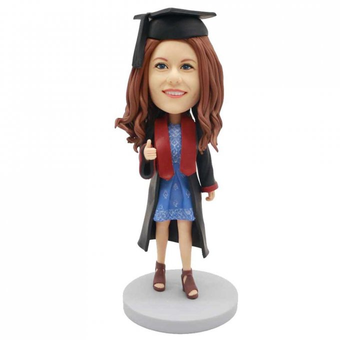 Custom Female Graduation Bobbleheads In Black Gown And Thumbs Up