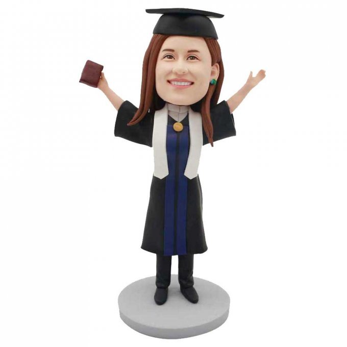 Custom Female Graduation Bobbleheads In Black Gown And White Ribbon