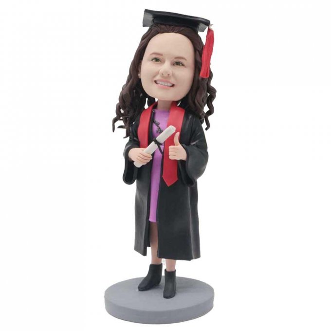 Custom Female Graduation Bobbleheads In Black Gown With Thumbs Up