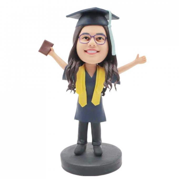 Custom Female Graduation Bobbleheads In Black Gown With Yellow Ribbons