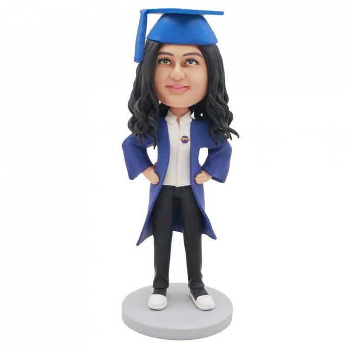 Custom Female Graduation Bobbleheads In Dark Blue Gown