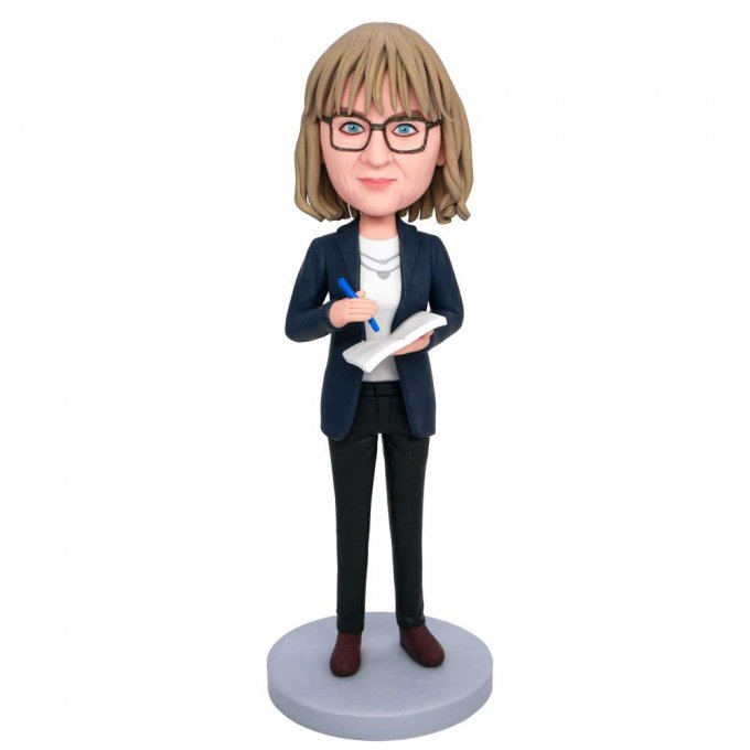 Custom Female Office Manager Bobbleheads In Suit With A Notebook