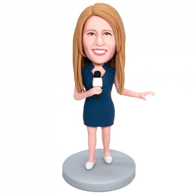 Custom Female Reporter Bobbleheads In Blue Skirt With Microphone