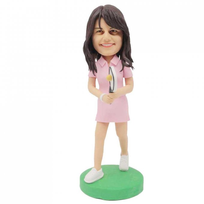 Custom Female Tennis Player Bobbleheads In Pink Sportswear Holding A Tennis Racket